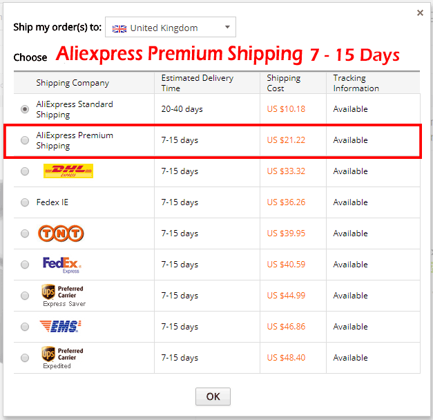 Aliexpress Standard Premium Shipping Times