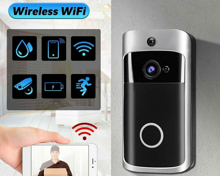 Wireless Video Doorbell with icons showing features.