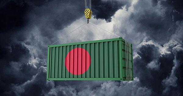 Shipping container with the bangladesh flag painted on it in green and red