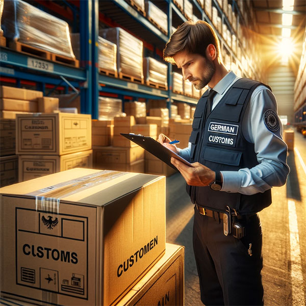 Illustration of German Customs Officer inspecting boxes of goods