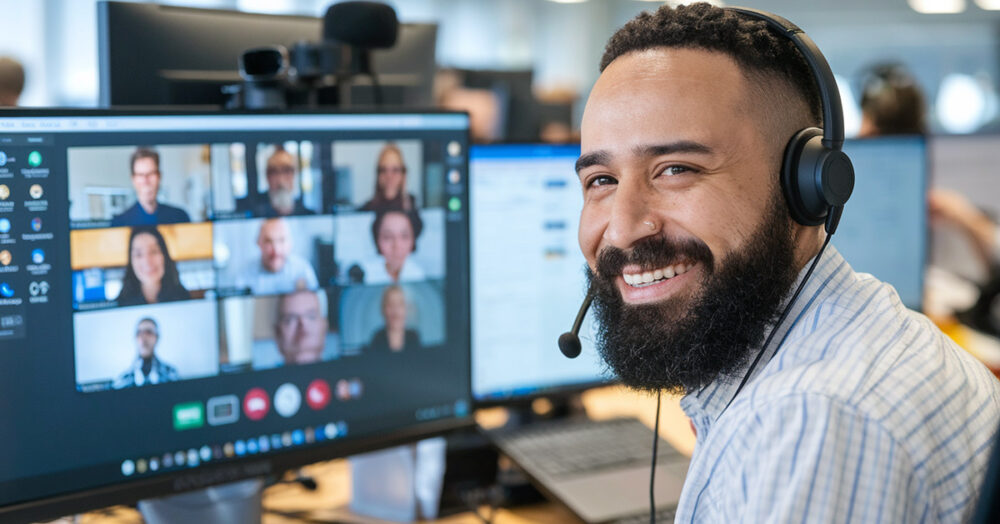 Smiling Customer Service Agent Wearing Telephone headset