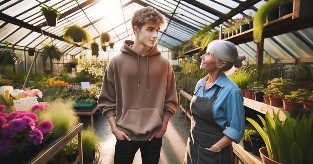 A young man in a plant nursery talking to the head gardener asking can he dropship plants