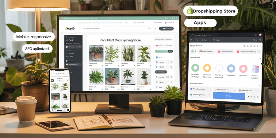 Building Your Shopify Dropshipping Store Modern workspace showing Shopify plant store development with responsive design, analytics dashboard, and e-commerce optimization tools
