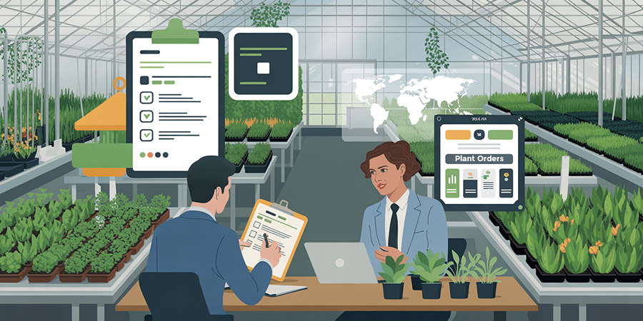 Sourcing Dropship Plant Suppliers Business meeting between plant retailer and wholesale supplier in commercial greenhouse facility showing supplier evaluation and partnership development