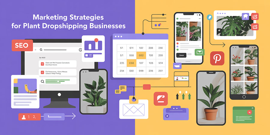 Plant Dropshipping Marketing Excellence Digital marketing strategy display showing SEO optimization, social media engagement, and multi-channel plant business promotion tactics