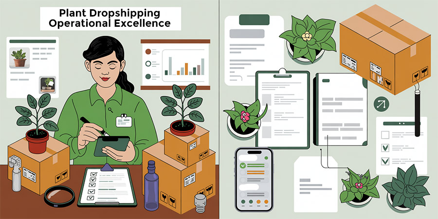 Plant Dropshipping Excellence Plant dropshipping quality control and compliance operations showing inspection processes, regulatory documentation, and customer satisfaction monitoring