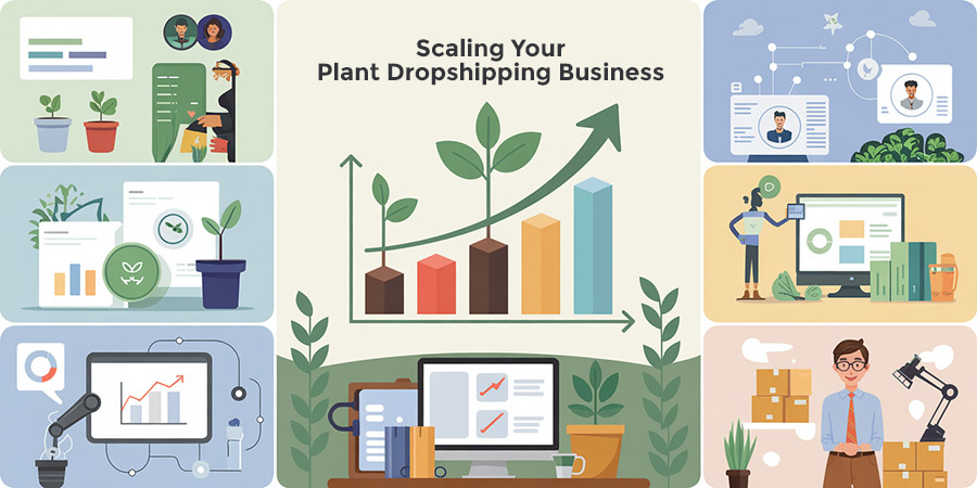 Scaling Your Dropship Plant Business Business growth visualization showing plant dropshipping expansion through diversification, automation, geographic reach, and market scaling