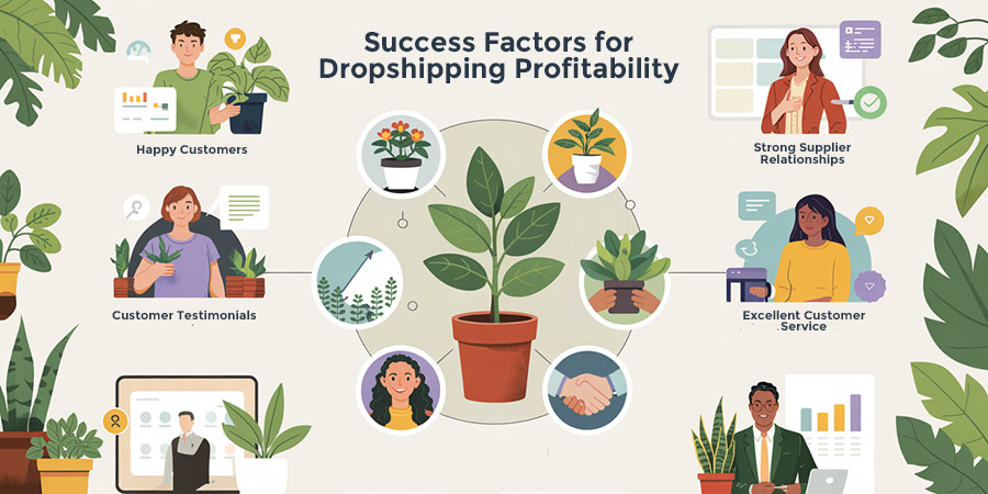 Success Factors For Dropshipping Profitability Plant dropshipping success ecosystem showing interconnected factors of customer satisfaction, supplier partnerships, education, and operational excellence