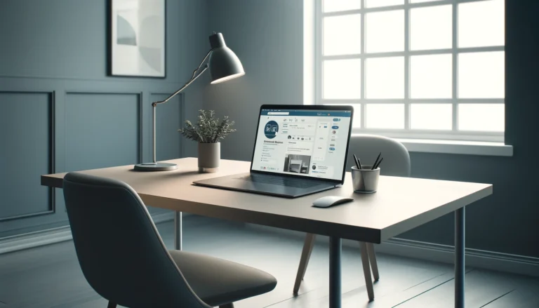 image of a desk with a laptop on it and a chair in an office setting opposite a large window with lots of light