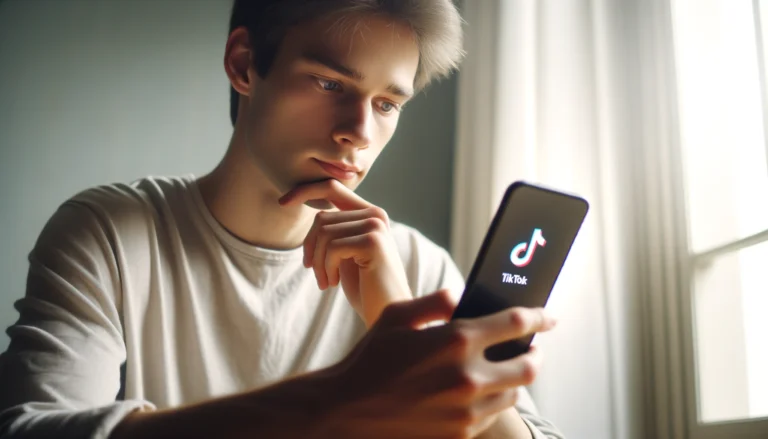 Photo image of a young man looking down at his smartphone sat opposite a window, a TikTok log can be seen on the back of his phone.