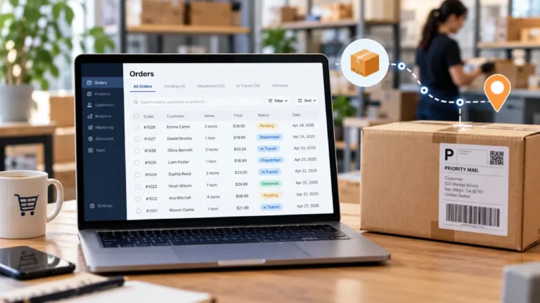 Ecommerce order tracking dashboard beside a shipping parcel