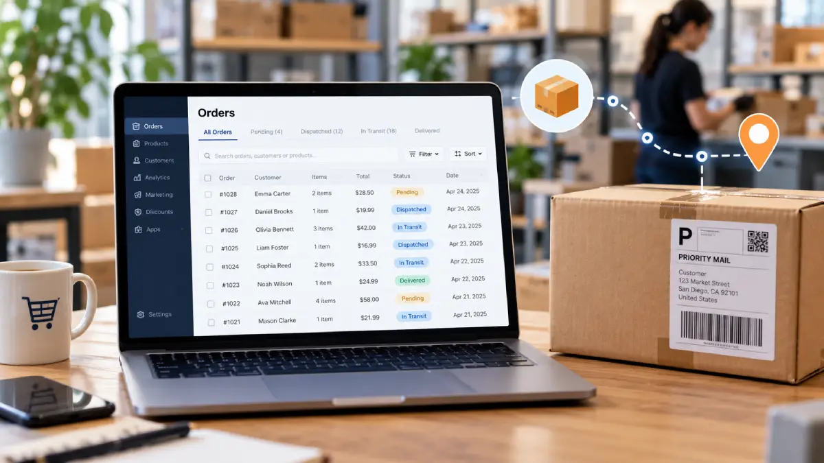 Ecommerce order tracking dashboard beside a shipping parcel