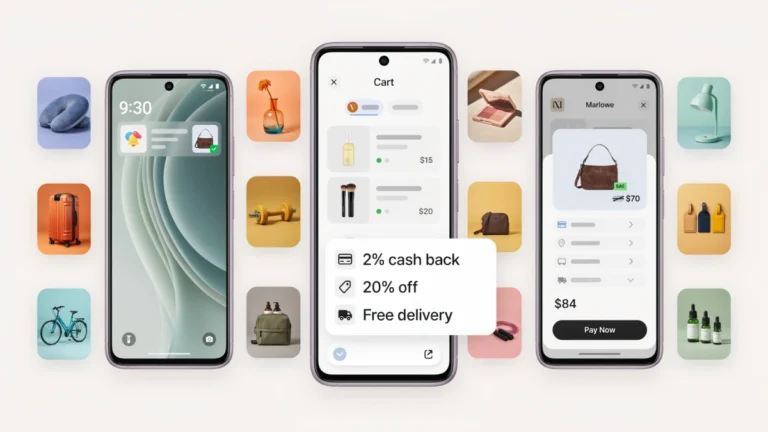 Three mobile phones simulating the Google Universal Shopping cart