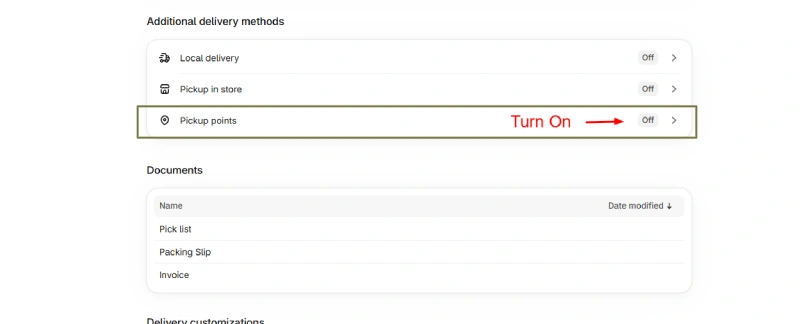 Shopify Pickup Location Settings