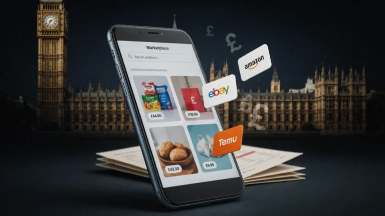 UK Parliament behind an online shopping marketplace smartphone, illustrating proposed VAT enforcement changes.