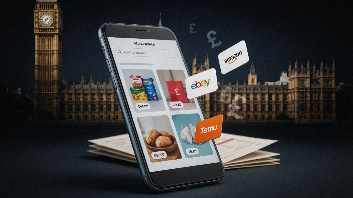 UK Parliament behind an online shopping marketplace smartphone, illustrating proposed VAT enforcement changes.